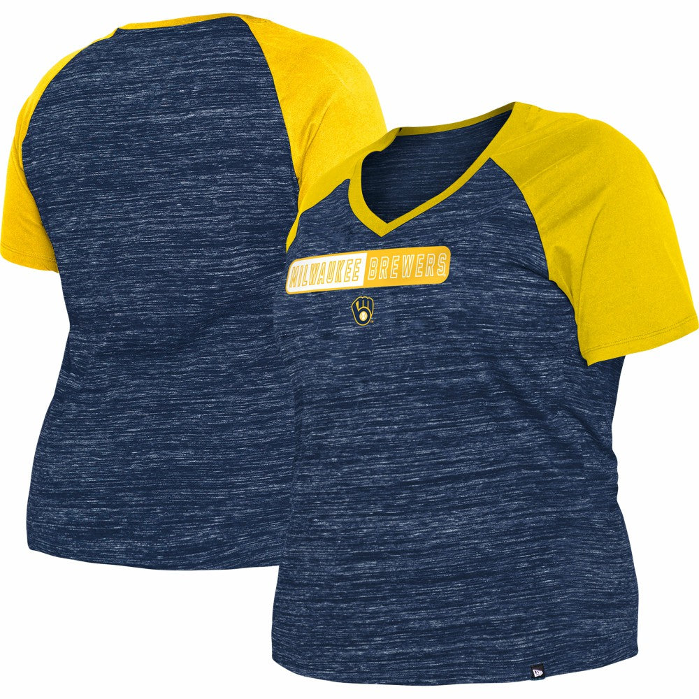 Milwaukee Brewers Women's Plus Size Space Dye Raglan V-Neck T-Shirt Navy