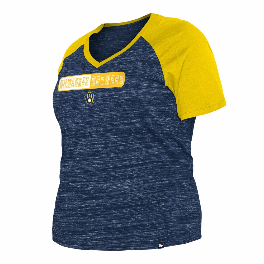 Milwaukee Brewers Women's Plus Size Space Dye Raglan V-Neck T-Shirt Navy