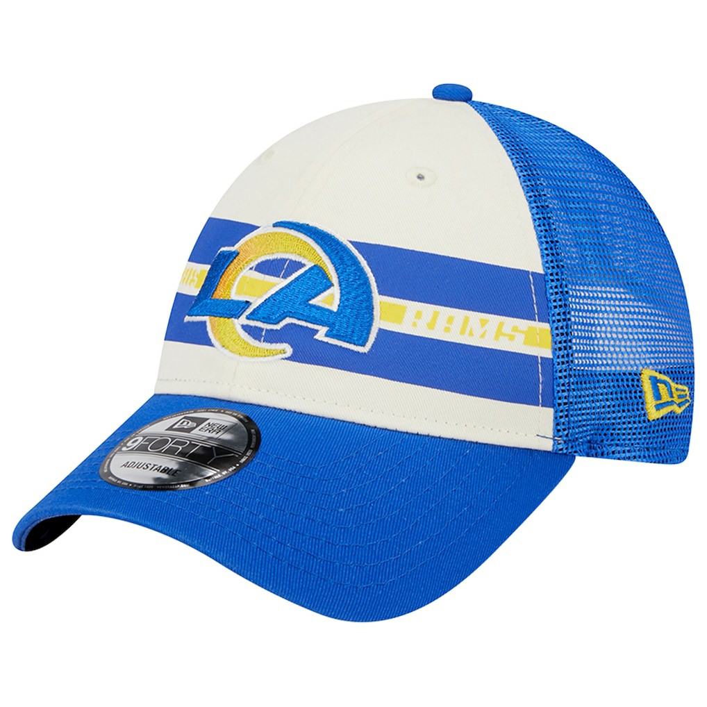 Los Angeles Rams New Era Team Stripe Trucker 9FORTY Snapback Hat - Cream/Royal sale