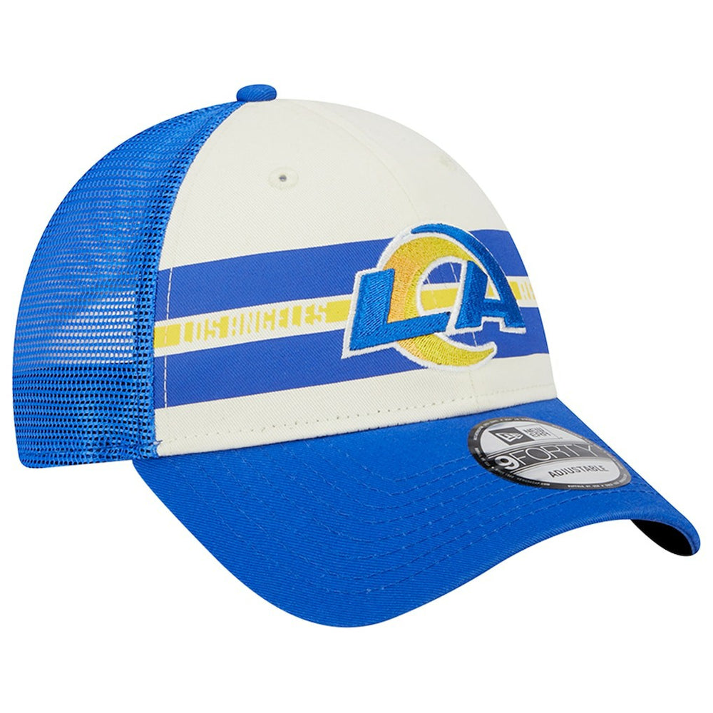 Los Angeles Rams New Era Team Stripe Trucker 9FORTY Snapback Hat - Cream/Royal sale