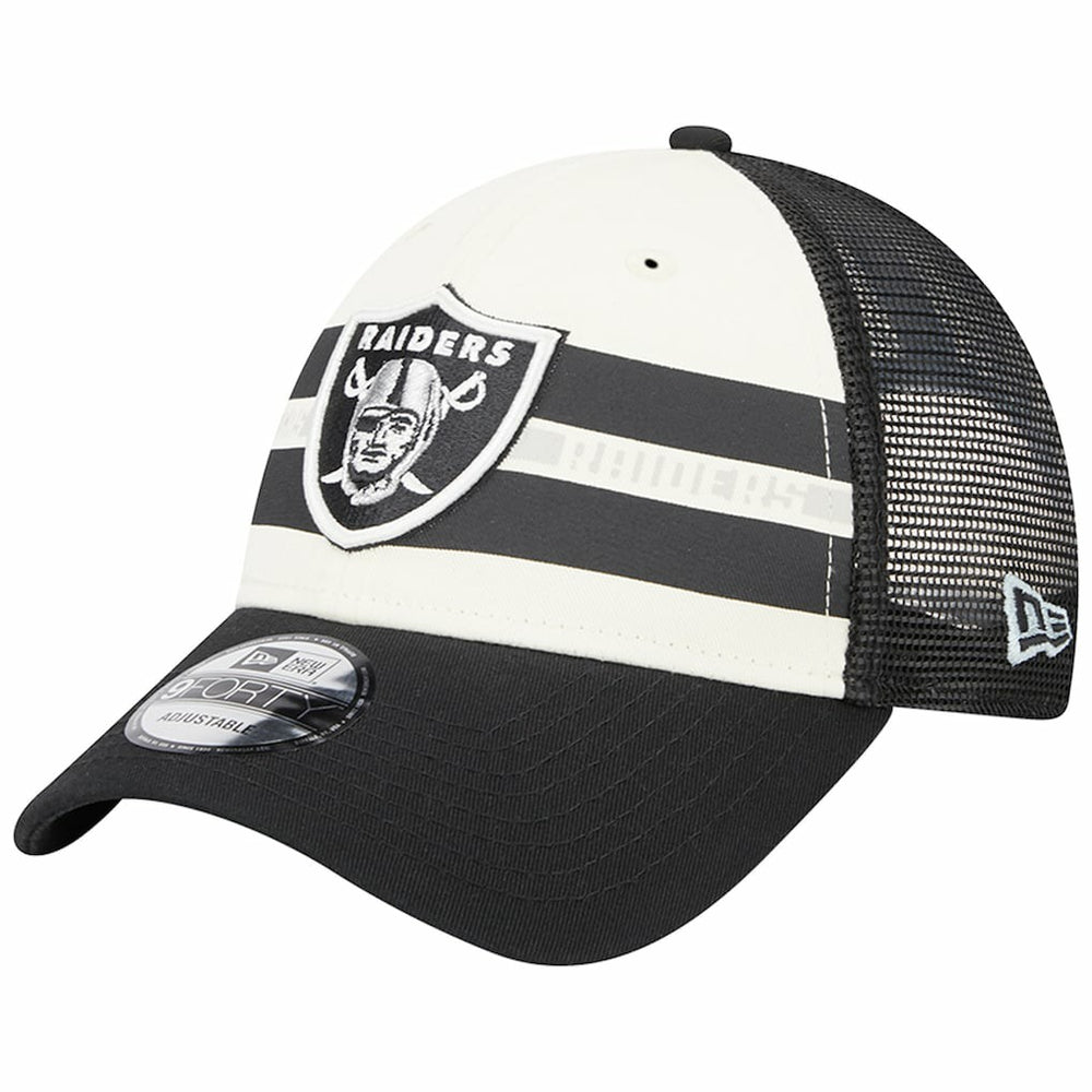 Las Vegas Raiders New Era Team Stripe Trucker 9FORTY Snapback Hat - Cream/Black on sale