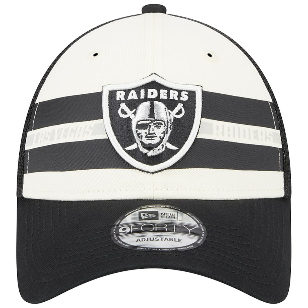 Las Vegas Raiders New Era Team Stripe Trucker 9FORTY Snapback Hat - Cream/Black on sale
