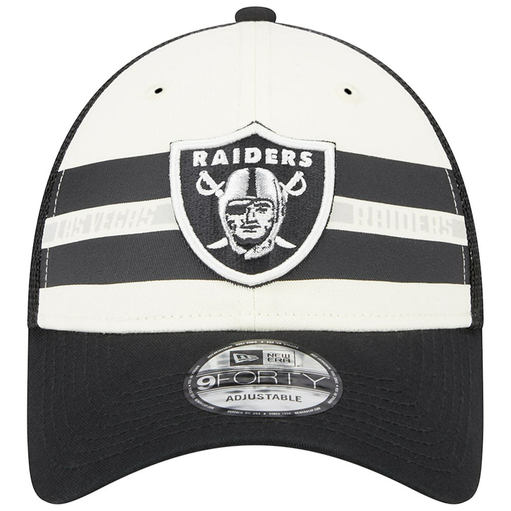 Las Vegas Raiders New Era Team Stripe Trucker 9FORTY Snapback Hat - Cream/Black on sale