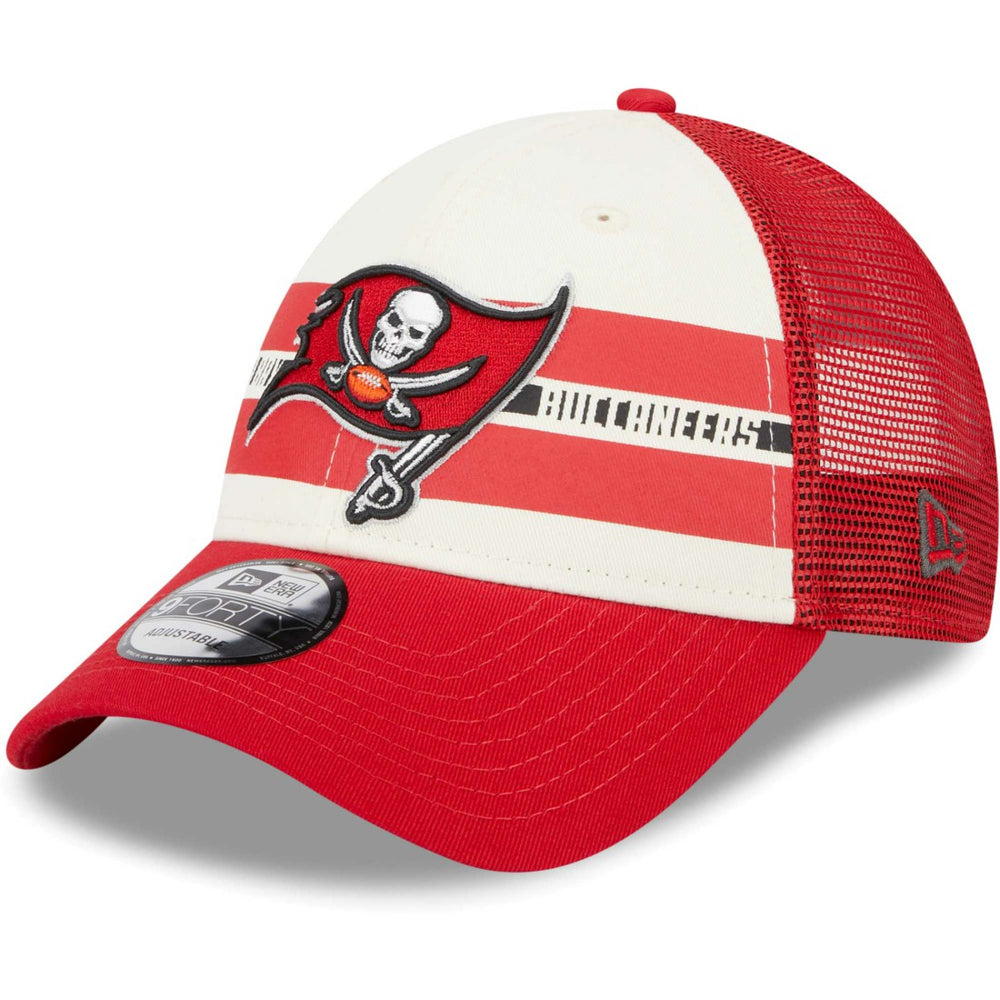 Tampa Bay Buccaneers New Era Team Stripe Trucker 9FORTY Snapback Hat - Cream/Red cheap