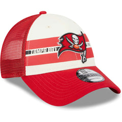 Tampa Bay Buccaneers New Era Team Stripe Trucker 9FORTY Snapback Hat - Cream/Red cheap