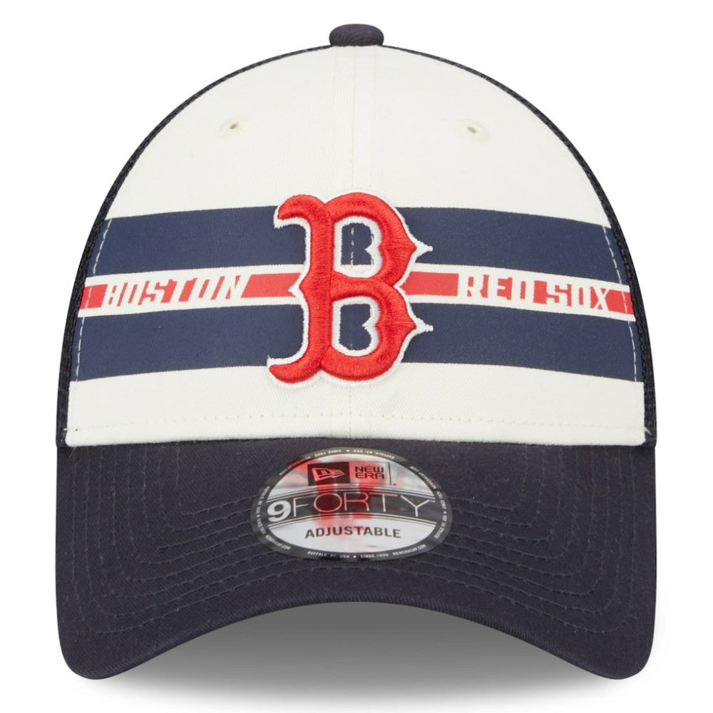 Boston Red Sox Team Stripe Trucker 9FORTY Snapback Hat White/Navy