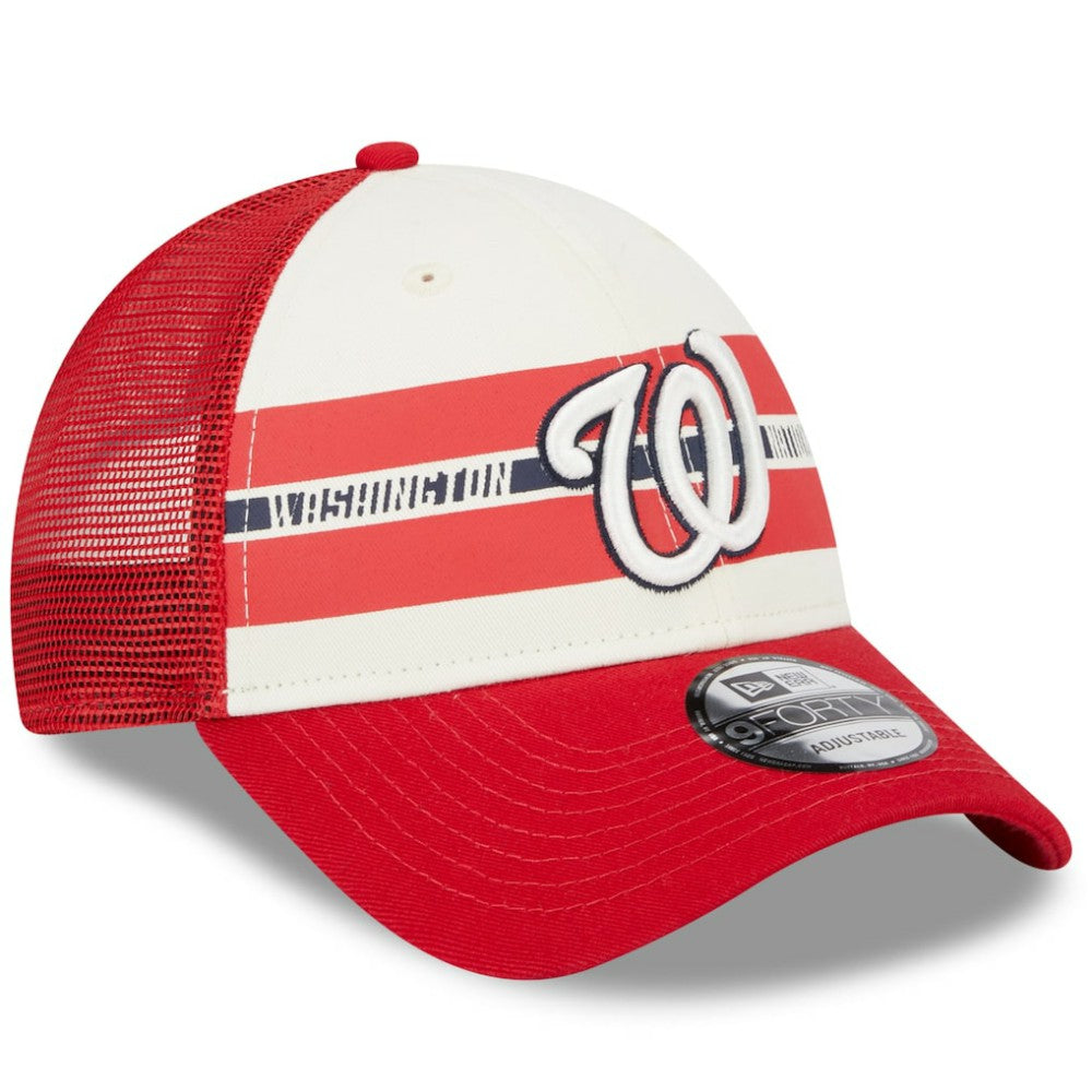 Washington Nationals Team Stripe Trucker 9FORTY Snapback Hat White/Red