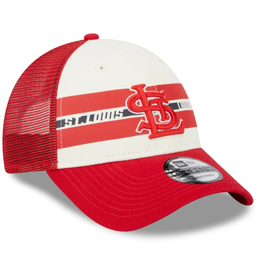 St. Louis Cardinals Team Stripe Trucker 9FORTY Snapback Hat White/Red