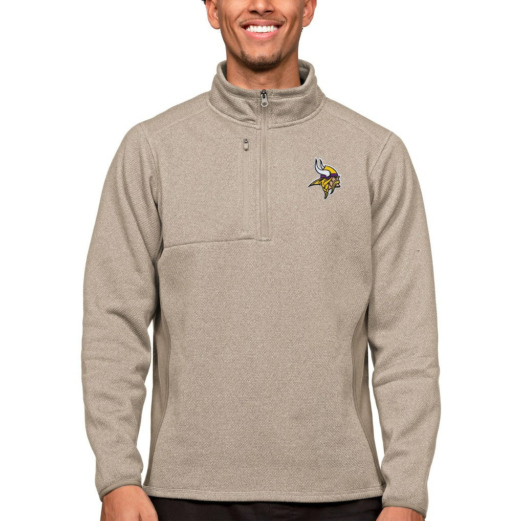 Minnesota Vikings Antigua Course Quarter-Zip Pullover Top - Oatmeal on sale