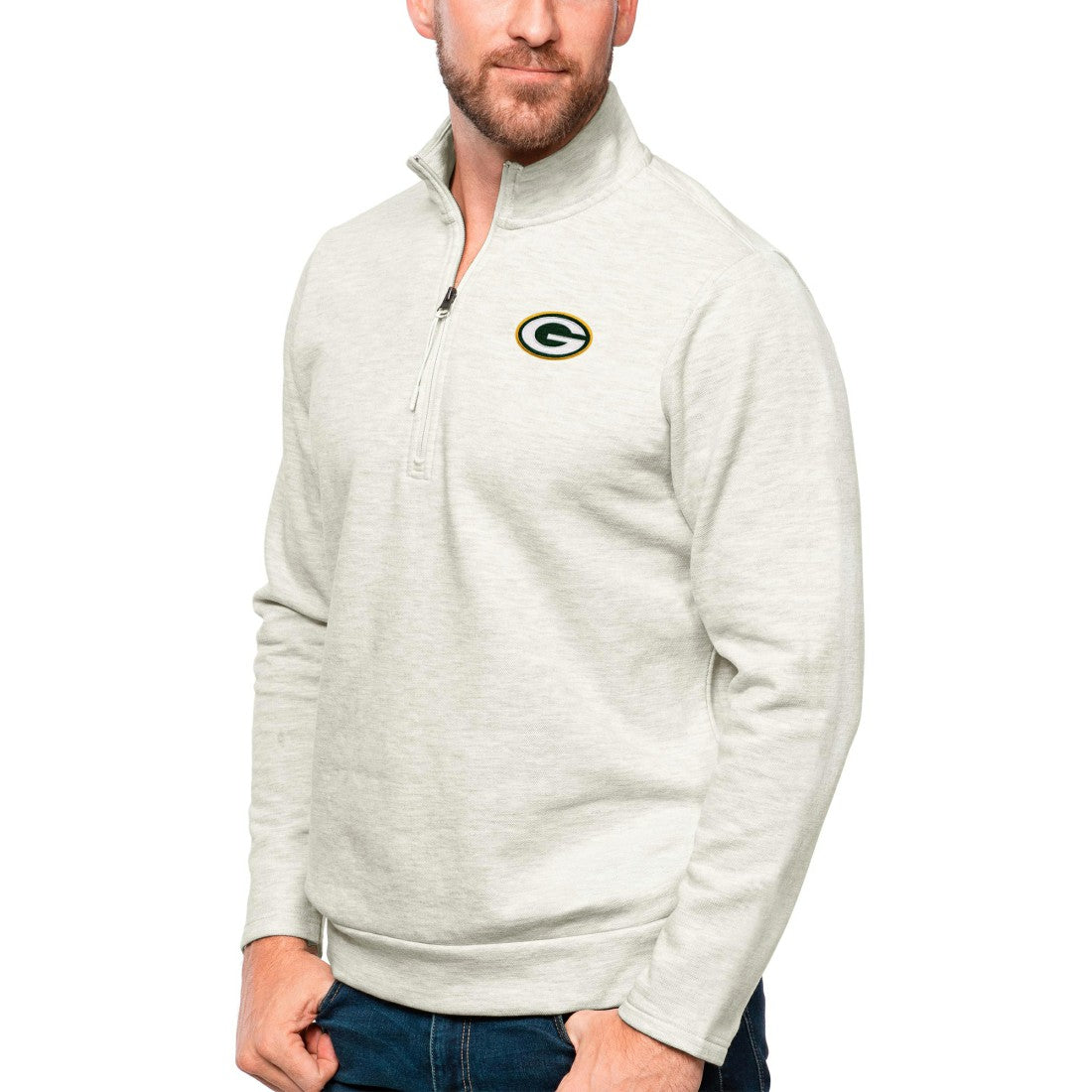 Green Bay Packers Antigua Gambit Quarter-Zip Pullover Top - Oatmeal online