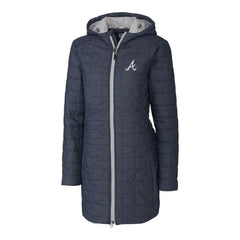 Atlanta Braves Cutter & Buck Women's Rainier Primaloft Eco Full-Zip Hoodie Long Coat Heathered Navy