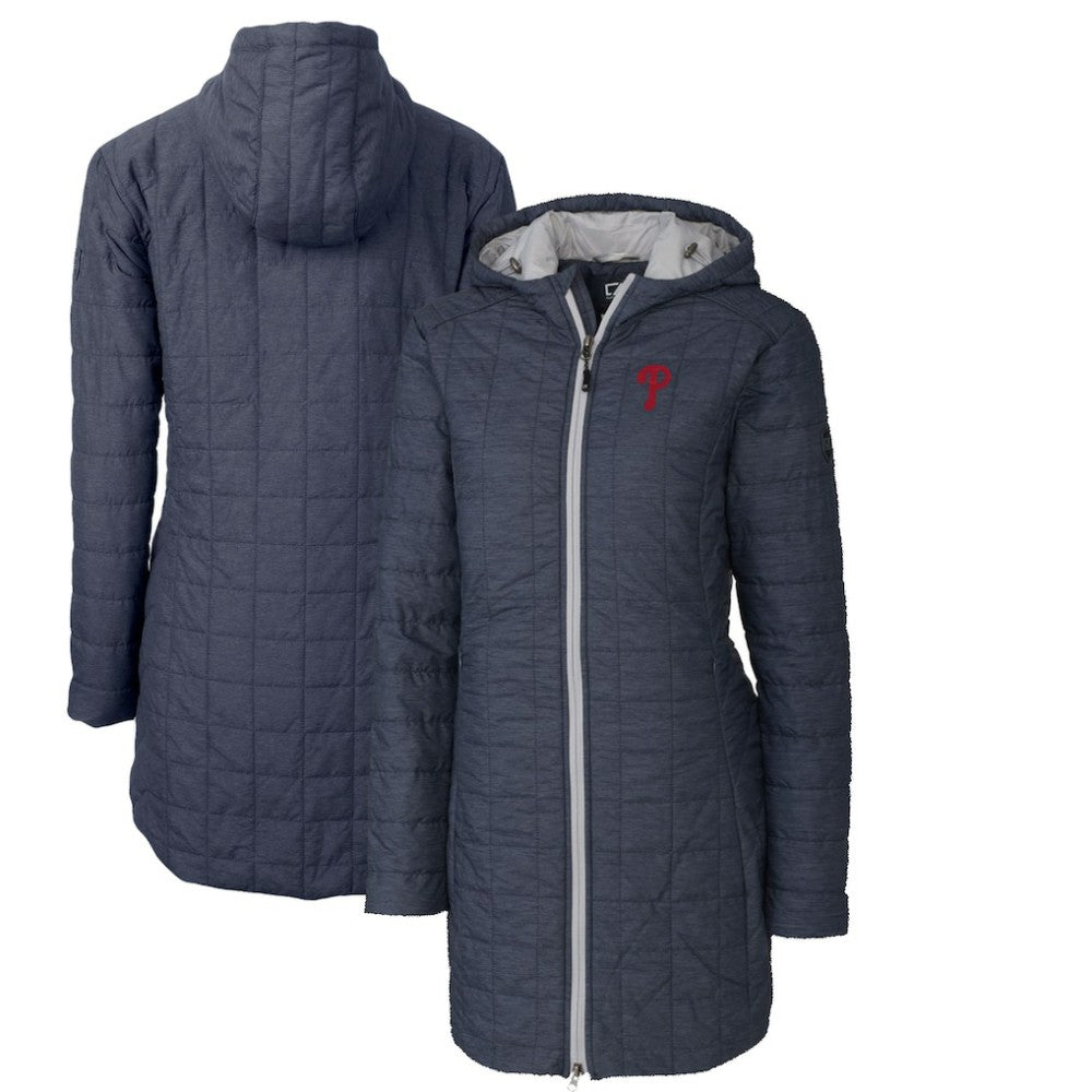 Philadelphia Phillies Cutter & Buck Women's Rainier Primaloft Eco Full-Zip Hoodie Long Coat Heathered Navy