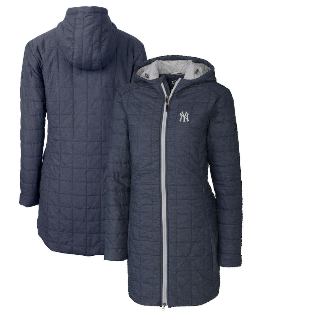 New York Yankees Cutter & Buck Women's Rainier Primaloft Eco Full-Zip Hoodie Long Coat Heathered Navy