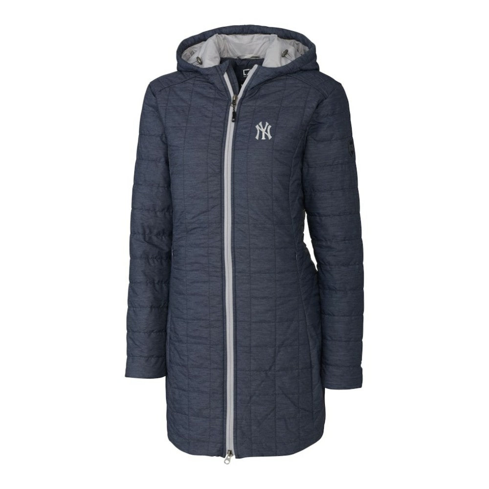 New York Yankees Cutter & Buck Women's Rainier Primaloft Eco Full-Zip Hoodie Long Coat Heathered Navy