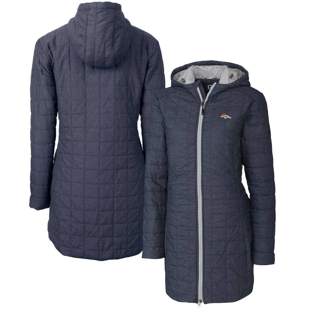 Denver Broncos Cutter & Buck Women's Rainier Primaloft Eco Hooded Long Lightweight Coat - Heather Navy online