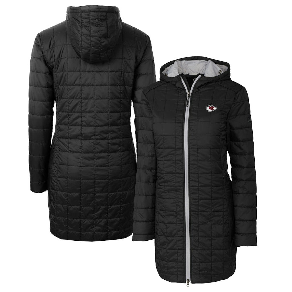 Kansas City Chiefs Cutter & Buck Women's Rainier Primaloft Eco Hooded Long Lightweight Coat - Black for sale