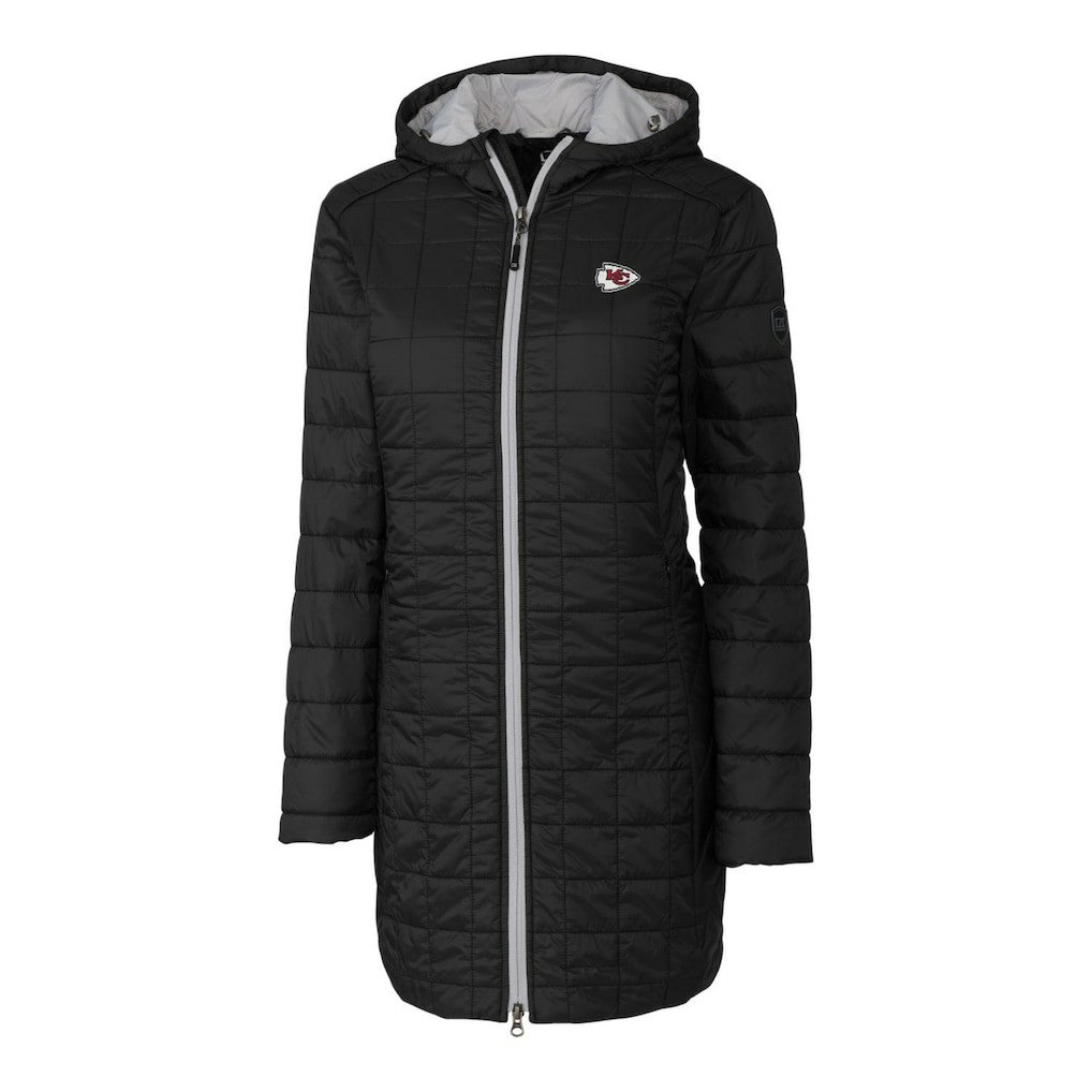 Kansas City Chiefs Cutter & Buck Women's Rainier Primaloft Eco Hooded Long Lightweight Coat - Black for sale