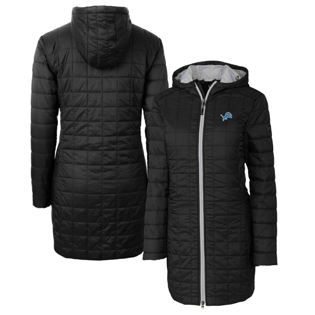 Detroit Lions Cutter & Buck Women's Rainier Primaloft Eco Hooded Long Lightweight Coat - Black discount