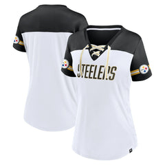 Pittsburgh Steelers Women's Dueling Slant V-Neck Lace-Up T-Shirt - White discount