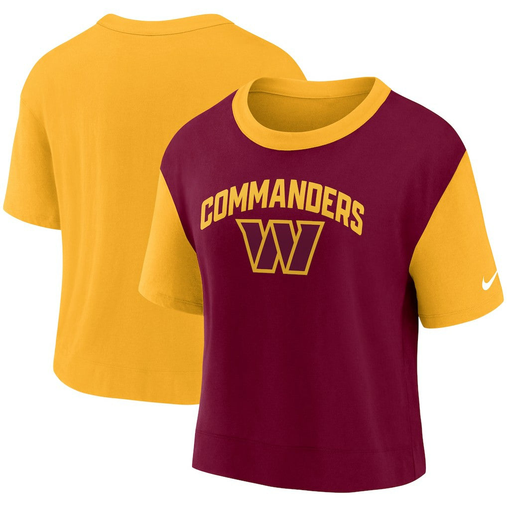 Washington Commanders Women's High Hip Fashion T-Shirt - Gold/Burgundy sale