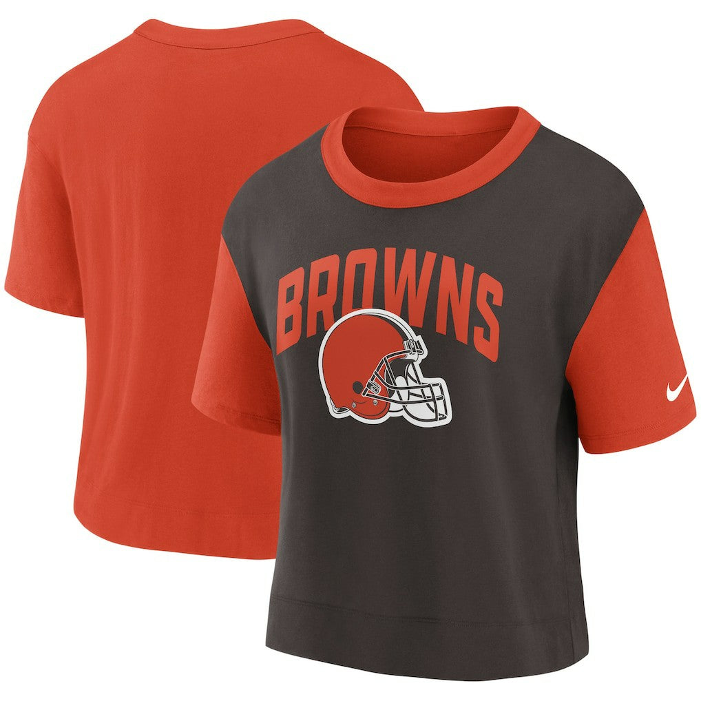 Cleveland Browns Women's High Hip Fashion T-Shirt - Orange/Brown discount