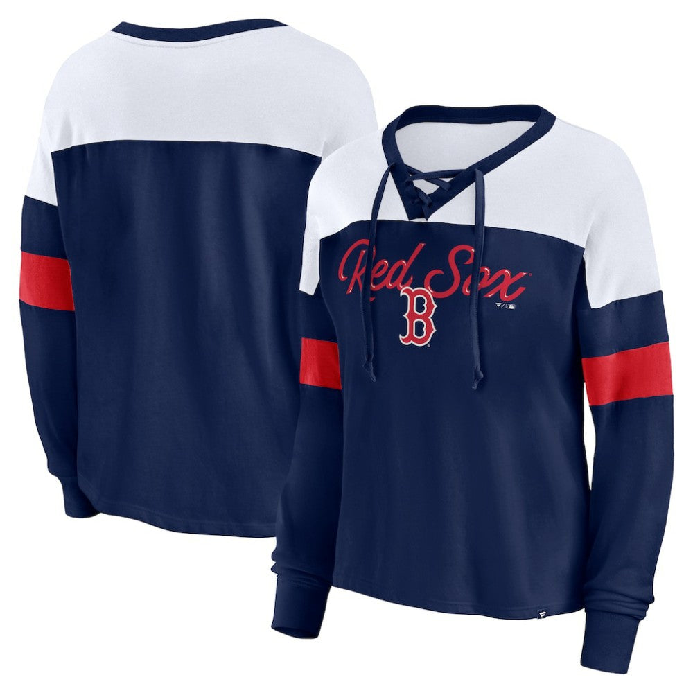 Boston Red Sox Women's Even Match Lace-Up Long Sleeve V-Neck T-Shirt Navy/White