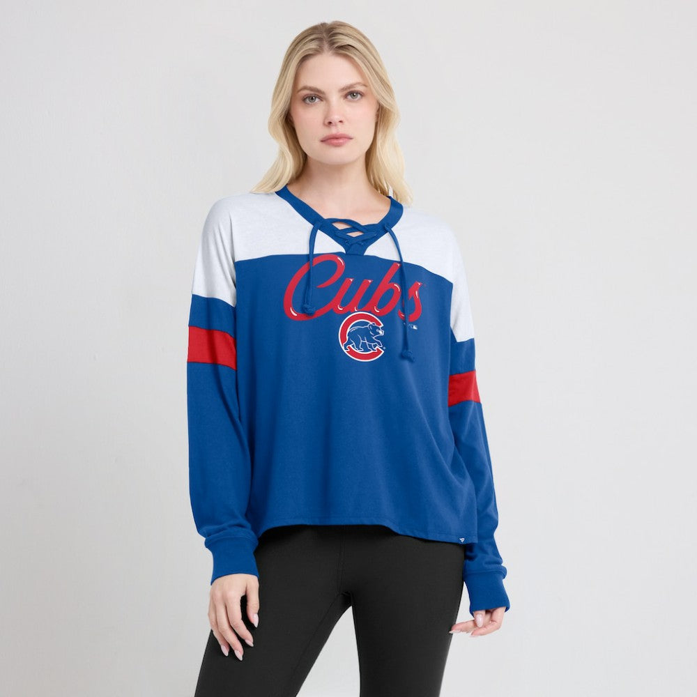 Chicago Cubs Women's Even Match Lace-Up Long Sleeve V-Neck T-Shirt Royal/White