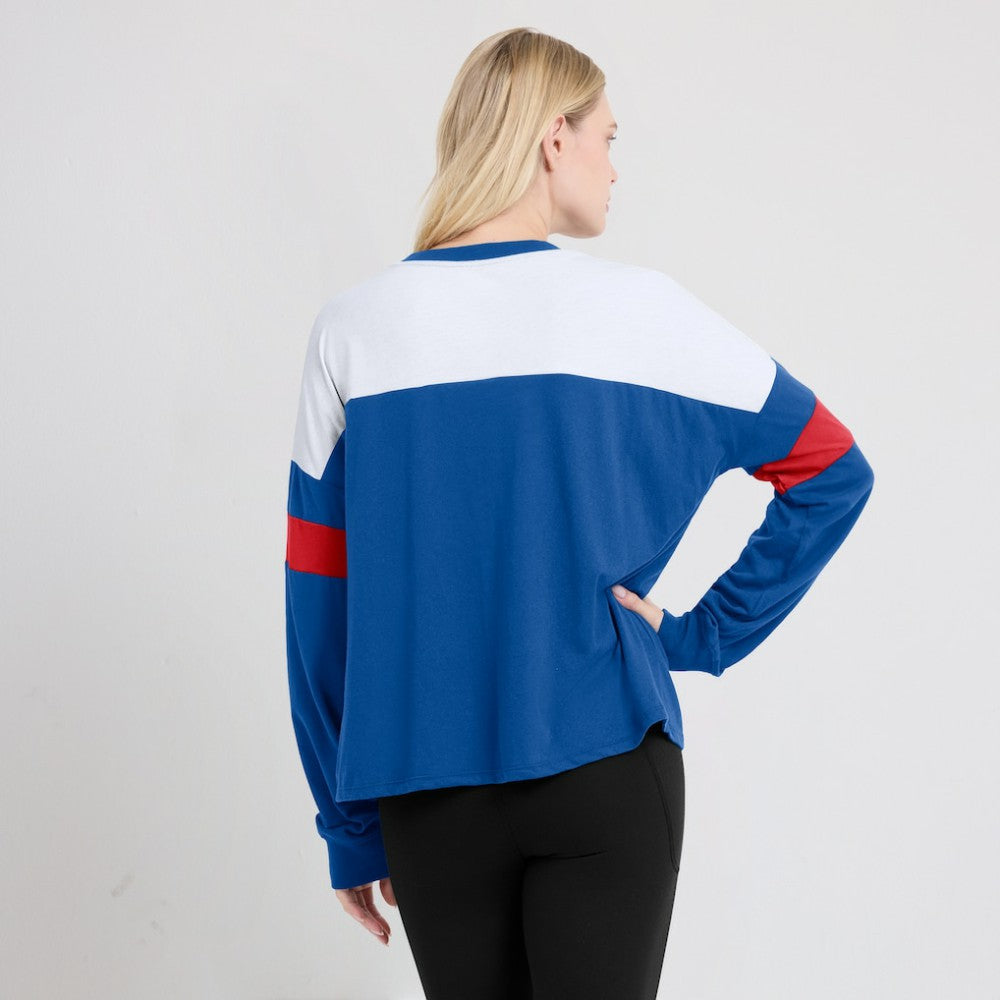 Chicago Cubs Women's Even Match Lace-Up Long Sleeve V-Neck T-Shirt Royal/White