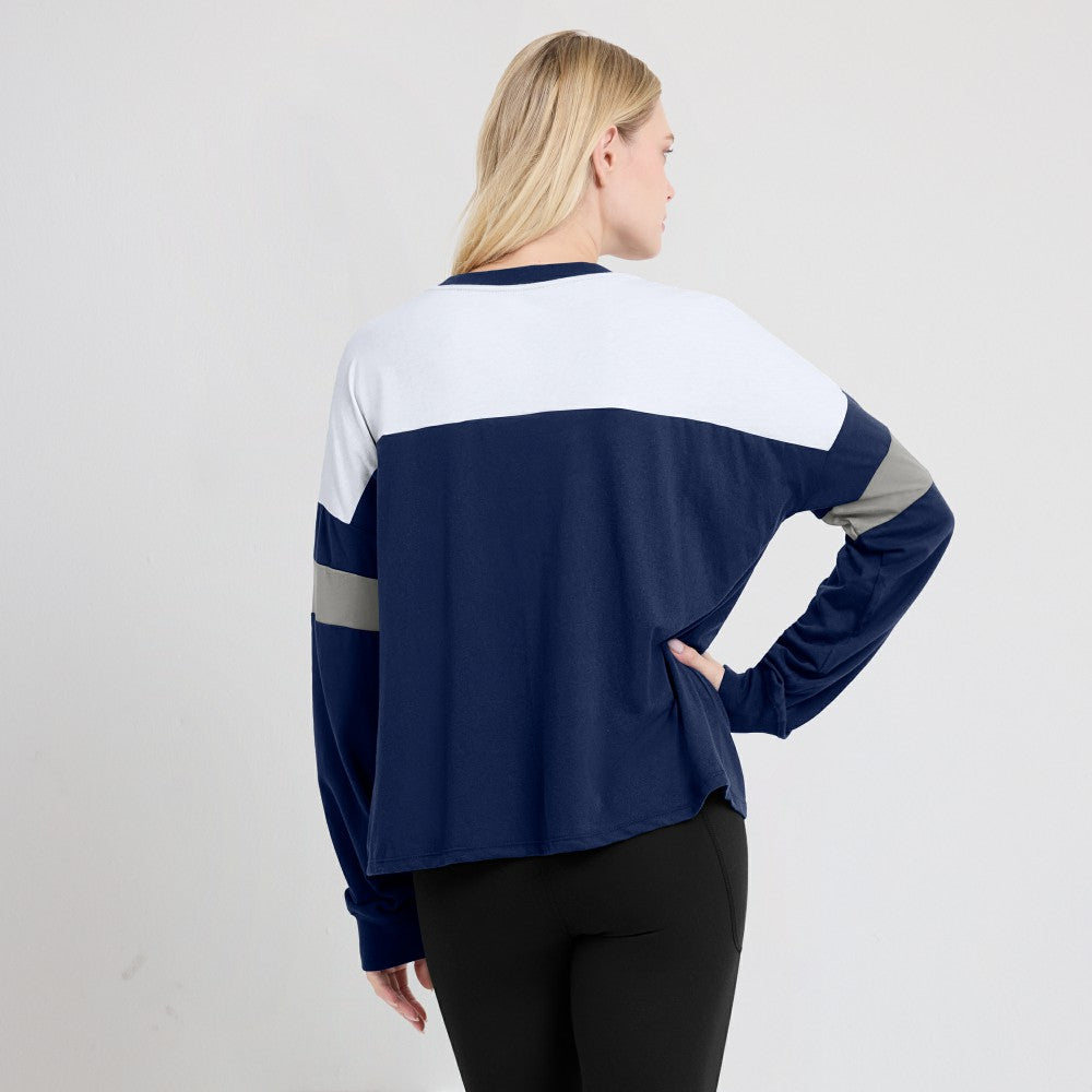 Milwaukee Brewers Women's Even Match Lace-Up Long Sleeve V-Neck T-Shirt Navy/White