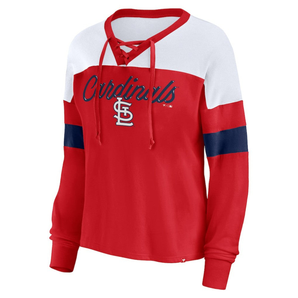 St. Louis Cardinals Women's Even Match Lace-Up Long Sleeve V-Neck T-Shirt Red/White