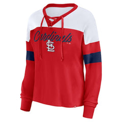 St. Louis Cardinals Women's Even Match Lace-Up Long Sleeve V-Neck T-Shirt Red/White
