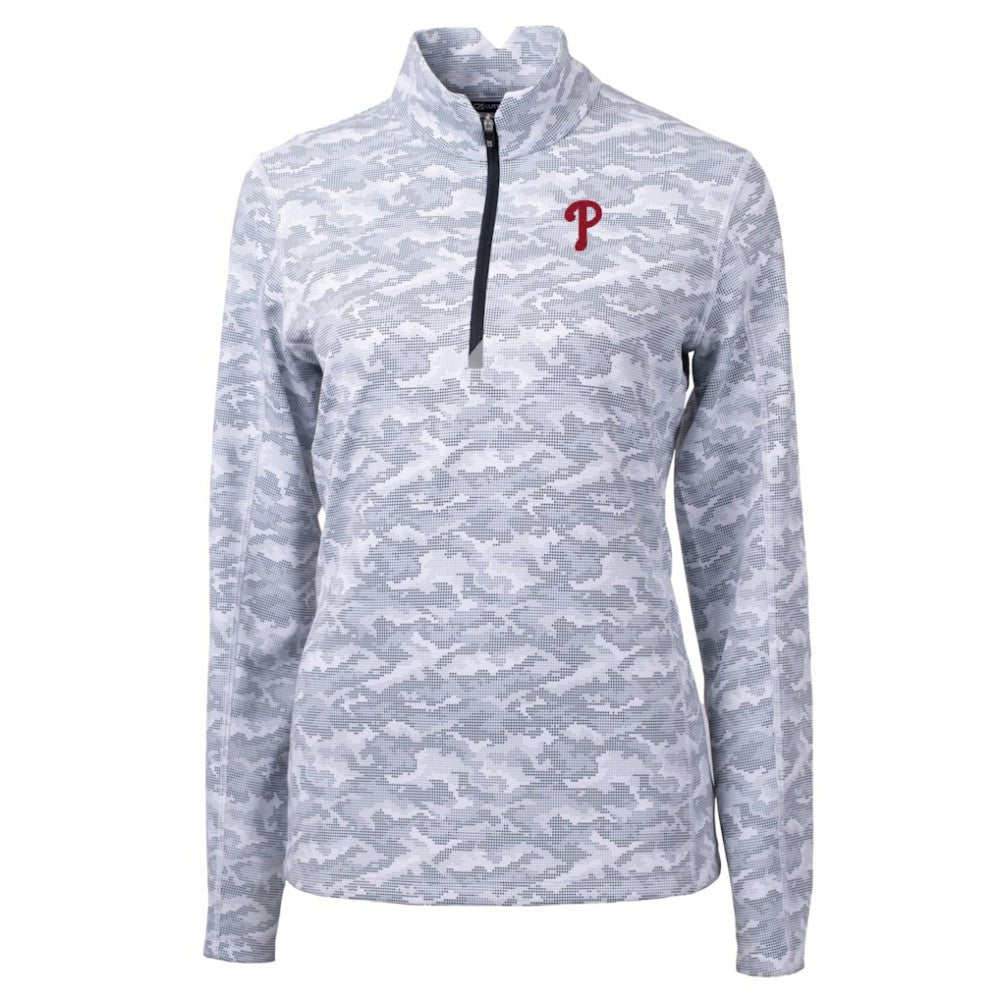 Philadelphia Phillies Cutter & Buck Women's Traverse Camo Print Stretch Quarter-Zip Pullover Top Charcoal