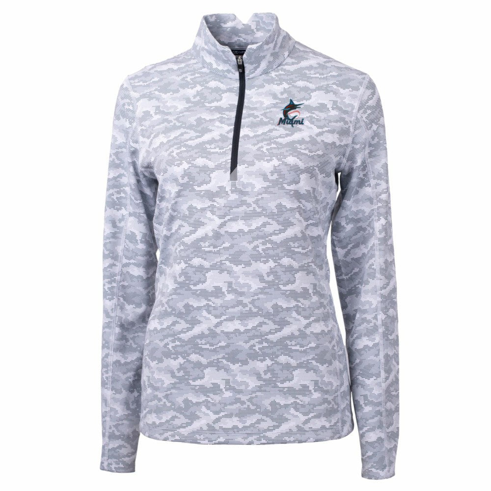 Miami Marlins Cutter & Buck Women's Traverse Camo Print Stretch Quarter-Zip Pullover Top Charcoal