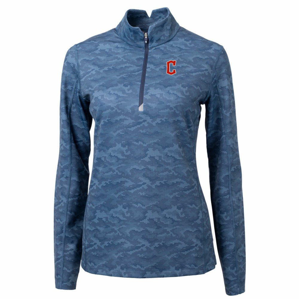 Cleveland Guardians Cutter & Buck Women's Traverse Camo Print Stretch Quarter-Zip Pullover Top Navy
