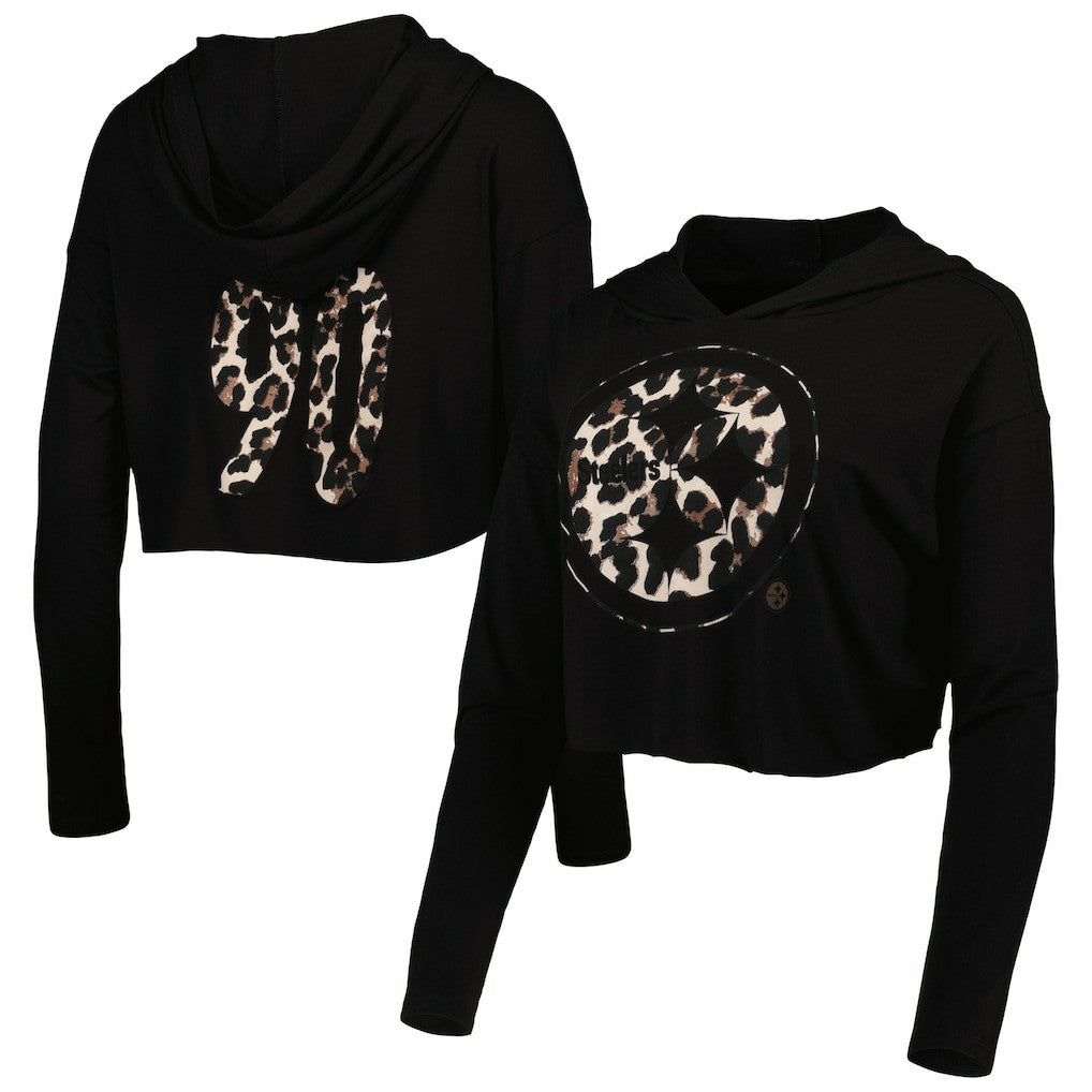 T.J. Watt Pittsburgh Steelers Majestic Threads Women's Leopard Player Name & Number Long Sleeve Cropped Hoodie - Black outlet