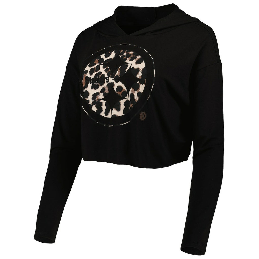 T.J. Watt Pittsburgh Steelers Majestic Threads Women's Leopard Player Name & Number Long Sleeve Cropped Hoodie - Black outlet