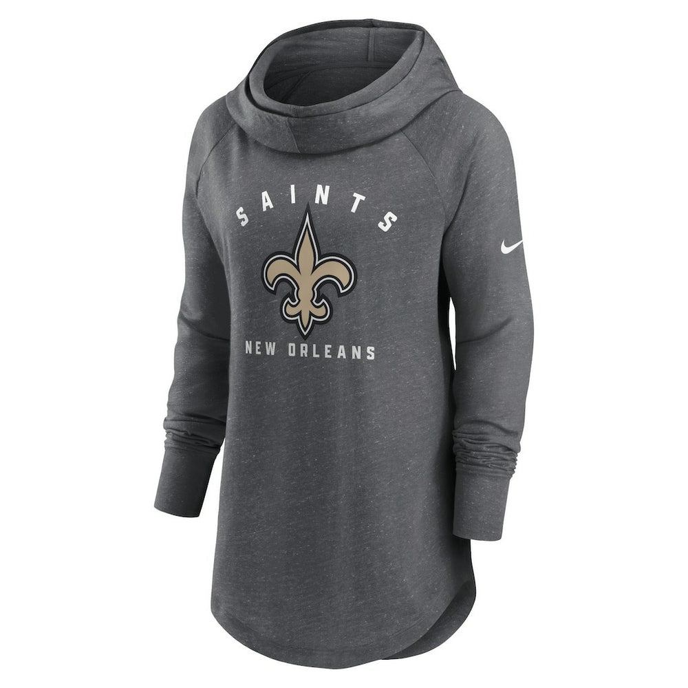 New Orleans Saints Women's Raglan Funnel Neck Pullover Hoodie - Heather Charcoal for sale