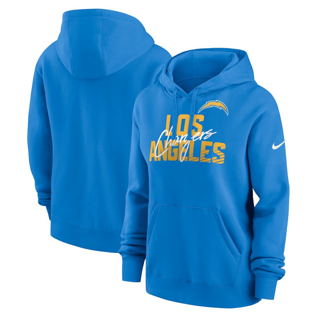 Los Angeles Chargers Women's Wordmark Club Fleece Pullover Hoodie - Powder Blue cheap