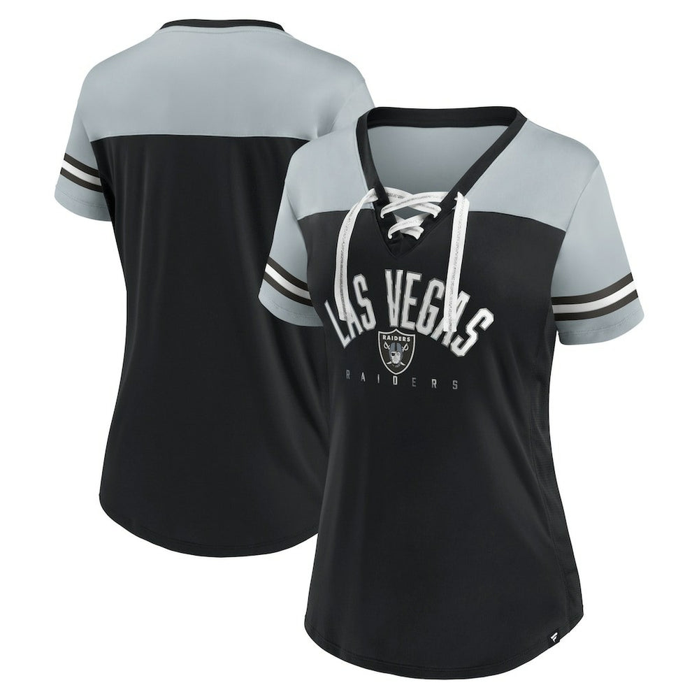 Las Vegas Raiders Women's Blitz & Glam Lace-Up V-Neck Jersey T-Shirt - Black/Silver on sale