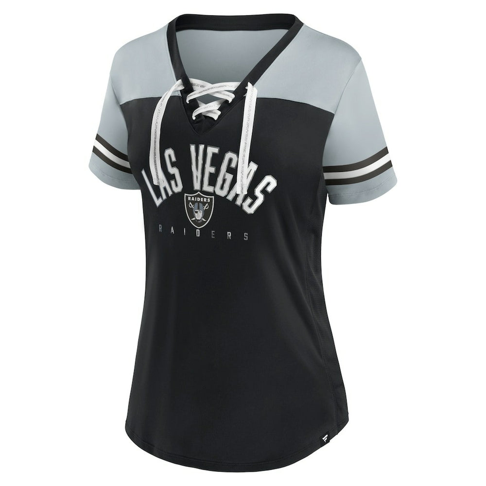Las Vegas Raiders Women's Blitz & Glam Lace-Up V-Neck Jersey T-Shirt - Black/Silver on sale