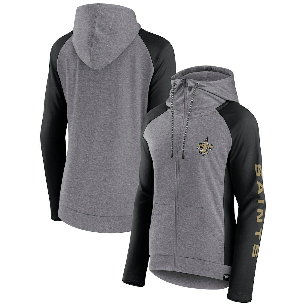 New Orleans Saints Women's Blind Side Lightweight Full-Zip Hoodie - Heather Gray/College Black for sale