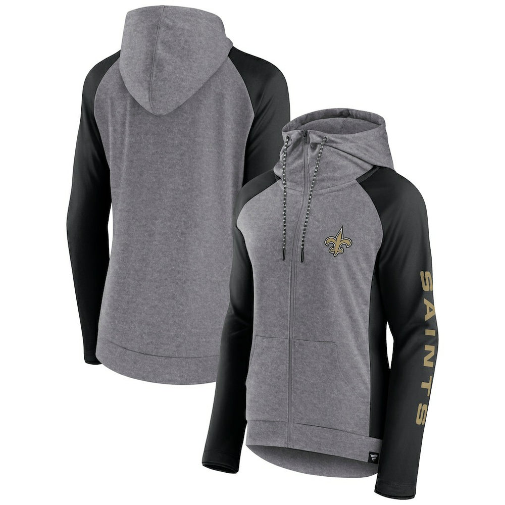 New Orleans Saints Women's Blind Side Lightweight Full-Zip Hoodie - Heather Gray/College Black for sale