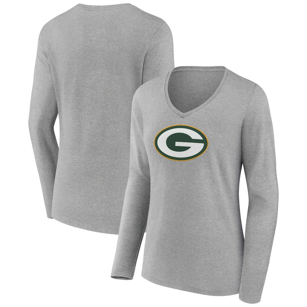 Green Bay Packers Women's Primary Team Logo Long Sleeve V-Neck T-Shirt - Heather Gray cheap