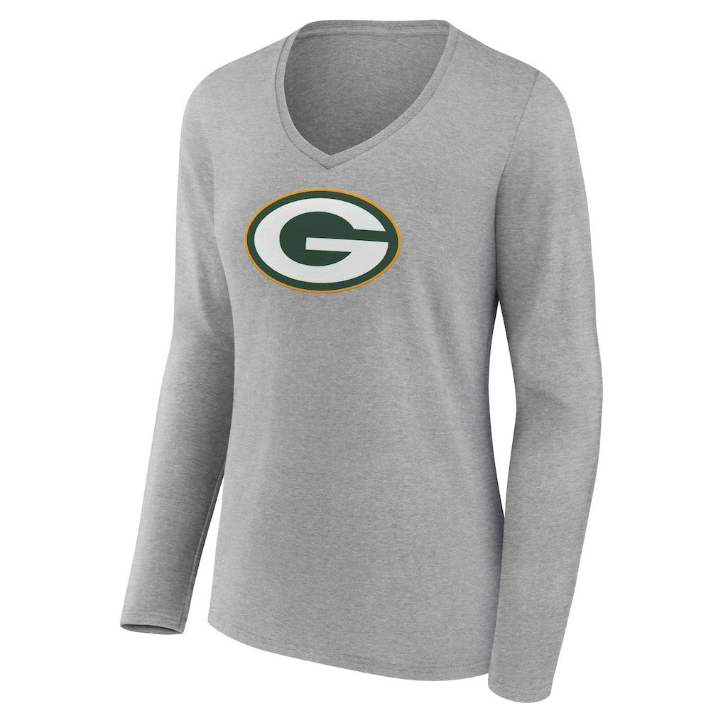 Green Bay Packers Women's Primary Team Logo Long Sleeve V-Neck T-Shirt - Heather Gray cheap