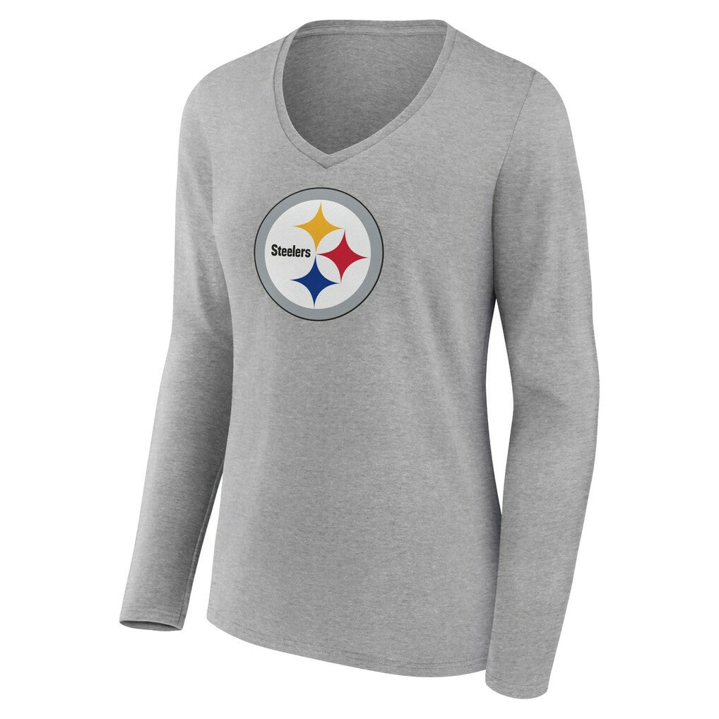 Pittsburgh Steelers Women's Primary Team Logo Long Sleeve V-Neck T-Shirt - Heather Gray discount