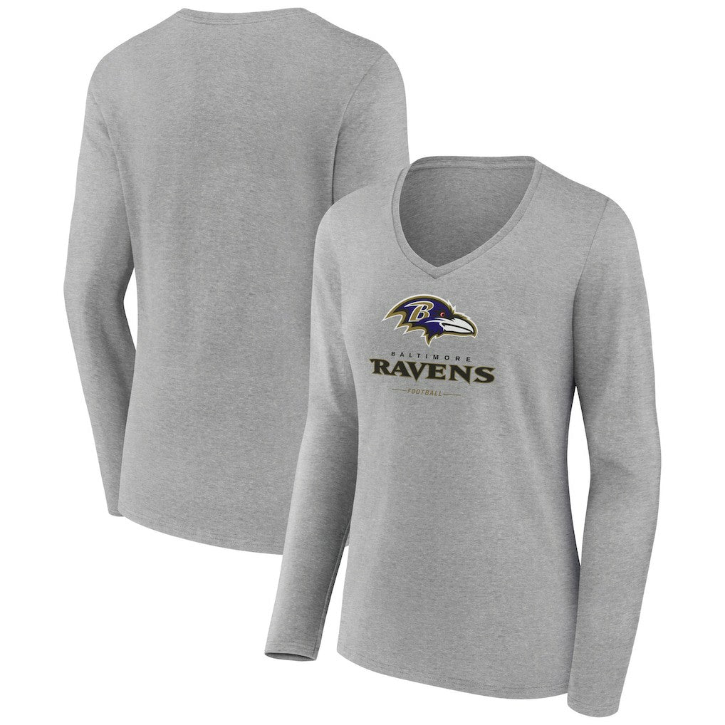 Baltimore Ravens Women's Logo Team Lockup Long Sleeve V-Neck T-Shirt - Heather Gray on sale