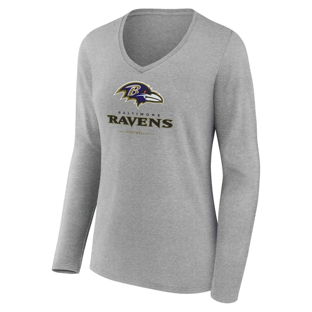 Baltimore Ravens Women's Logo Team Lockup Long Sleeve V-Neck T-Shirt - Heather Gray on sale
