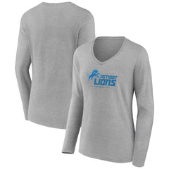 Detroit Lions Women's Logo Team Lockup Long Sleeve V-Neck T-Shirt - Heather Gray for sale