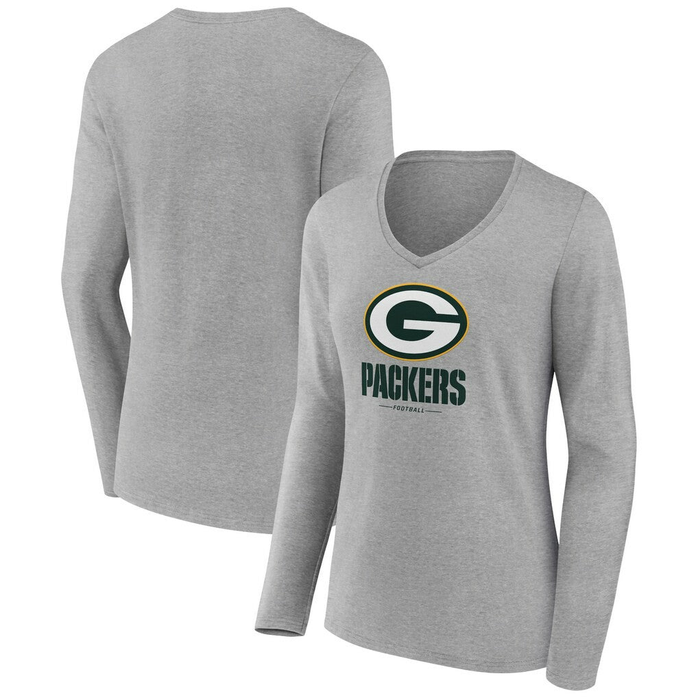 Green Bay Packers Women's Logo Team Lockup Long Sleeve V-Neck T-Shirt - Heather Gray online