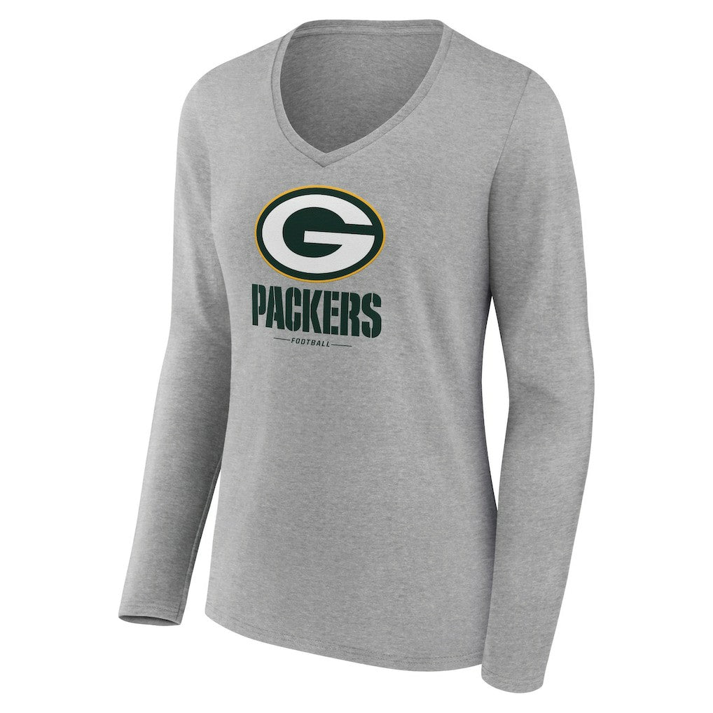 Green Bay Packers Women's Logo Team Lockup Long Sleeve V-Neck T-Shirt - Heather Gray online